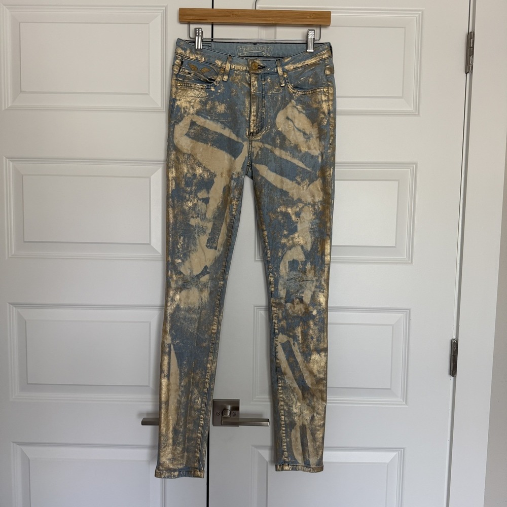ROBIN'S JEAN Blue White Gold Distressed Embroidered Wings Studs Size 27 x 30.5